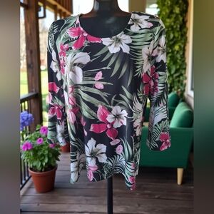 TanJay Tropical Floral Black and Pink Stretchy Bell Sleeves Women's Top Size L
